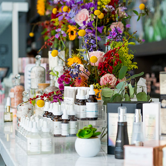 Display of skincare and Beauty Products on CurliQue Store Marble Table