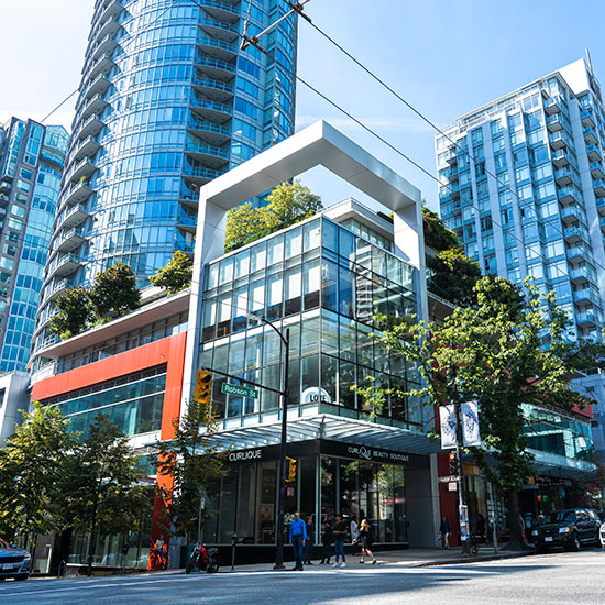 Exterior of CurliQue Beauty Boutique at corner of Robson and Homer in Downtown Vancouver